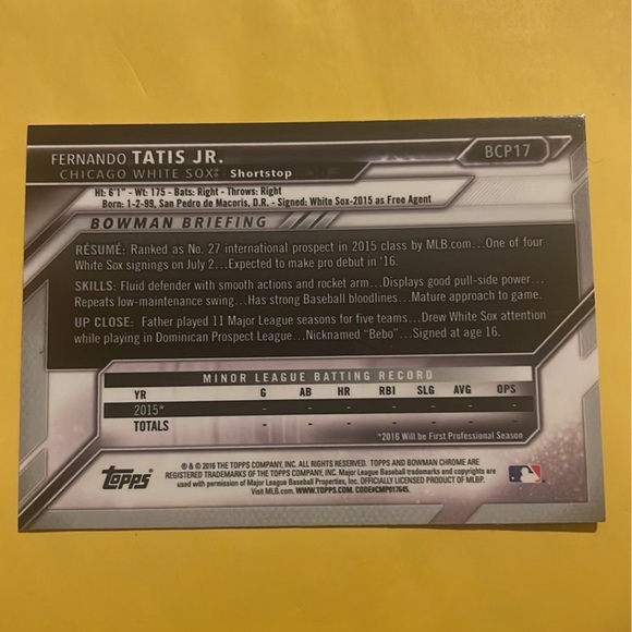 Fernando Tatis Jr 2016 Bowman Chrome Prospect #17 BGS 9  2016 Bowman Chrome 1st Fernando Tatis JR BCP17